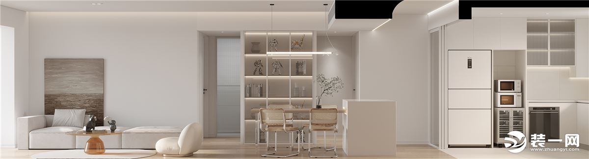 客厅做白色做主要设计基调，凸显出空间的简洁干净。木制地面搭配双眼皮吊顶扩大视觉空间，让视野更加开阔，