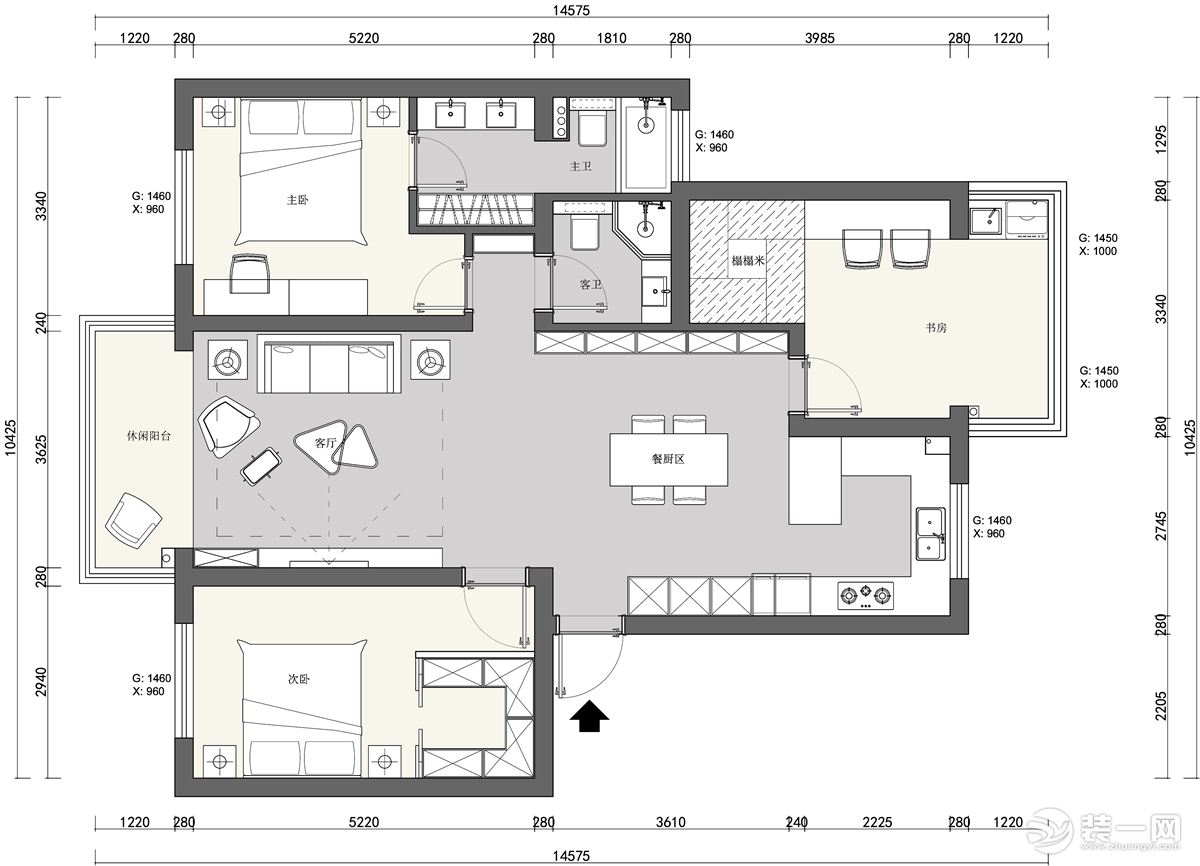 平面改动： 1.将厨房餐厅客厅的空间完全放开，形成一体化设计 2.将主卧的空间缩小，增加独立卫生间