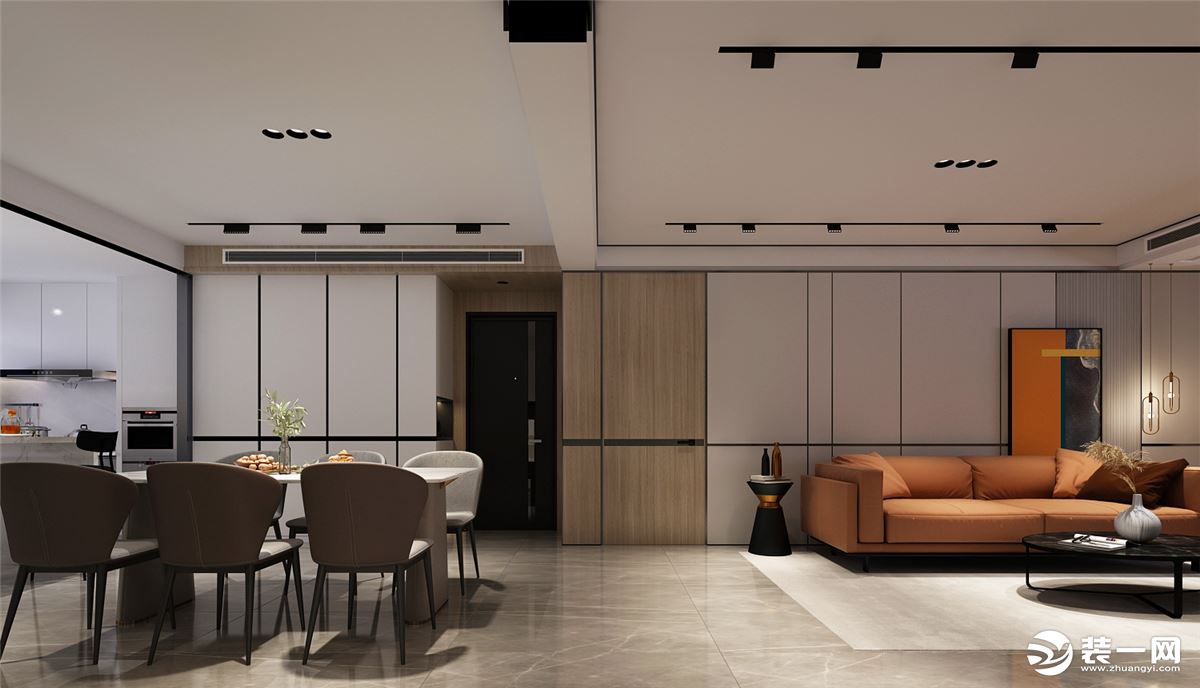 获得开放空间的客餐厅，从视觉上拉伸了整体的开阔感，餐厅和客厅的顶面都采用无主灯的设计，吊顶周围黑色线