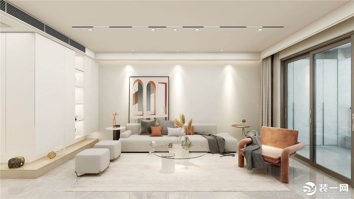 简约风的客厅干净澄明，白木色的简洁色调让空间看起来赏心悦目。