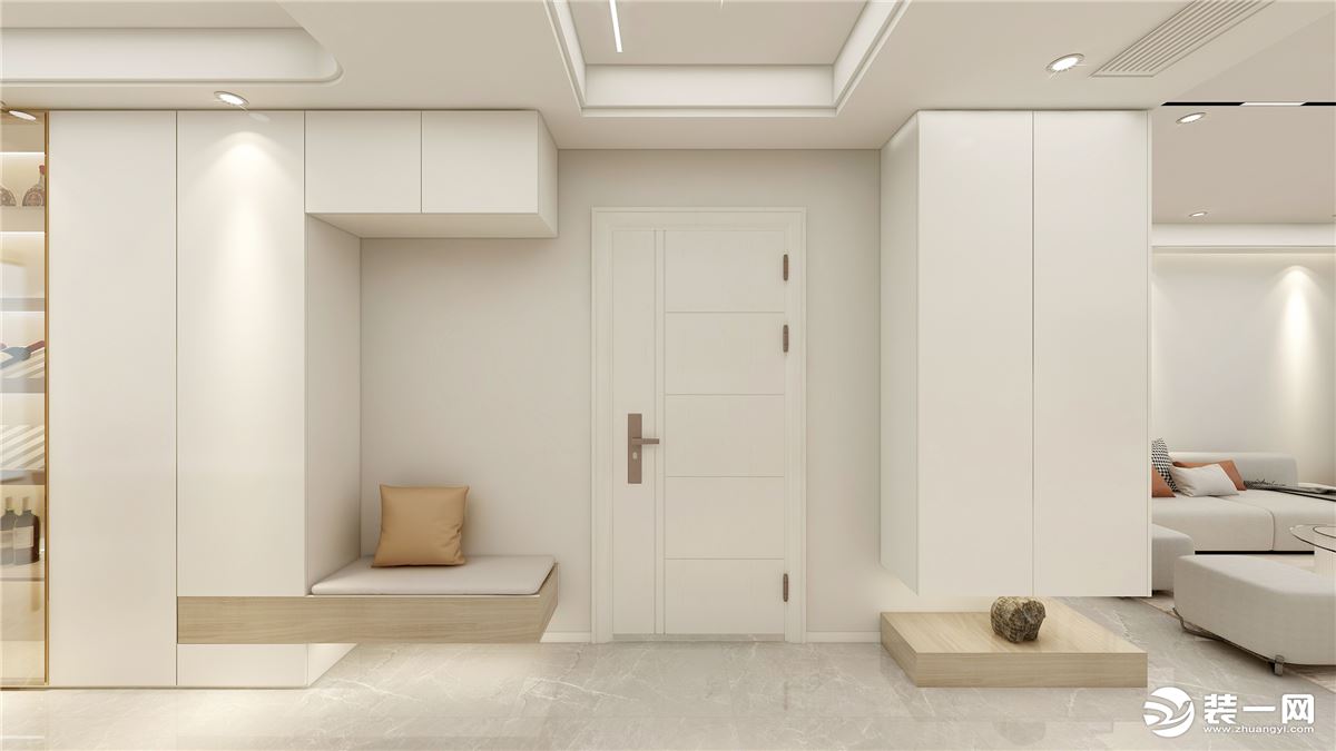 门厅两侧是白色的收纳柜，底部做悬空式设计，还能放几双鞋子，中间留空拉伸层次感，左侧底下用作置物区，放