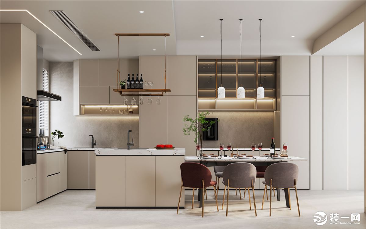 开放式厨房的设计以纯净的米白色烤漆饰面板与柜体一致，使整个空间更加灵动和开阔，兼具日常使用与储物功能