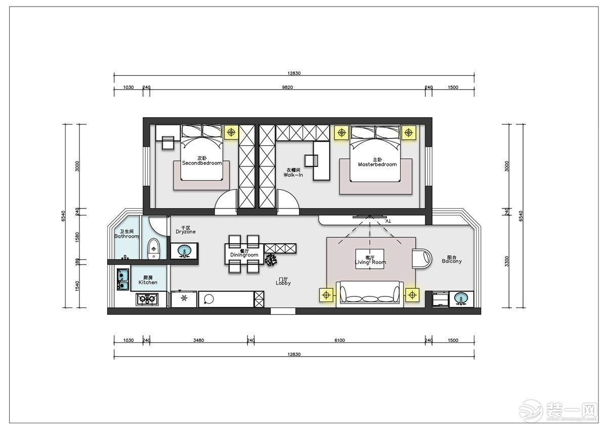 平面改动： 1.卫生间干湿分离设计 2.将原本的大卧室一分为二，改成两间小卧室