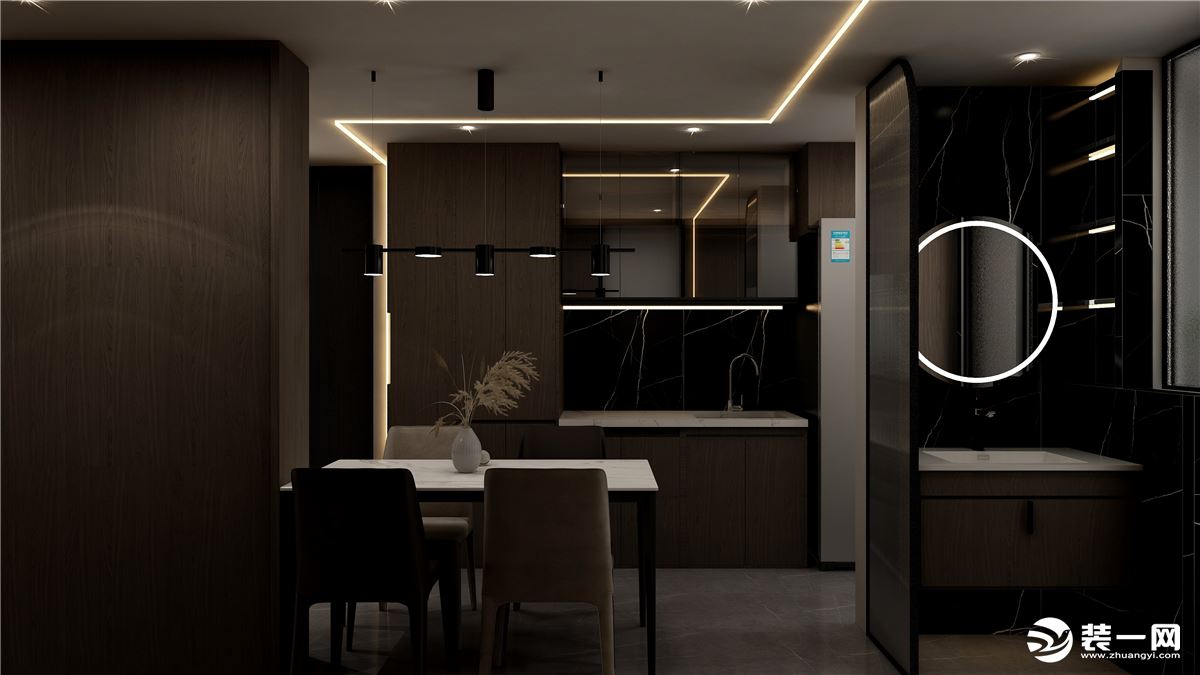 餐边柜靠墙做增加收纳空间，餐边柜采用半开放式设计兼顾收纳与展示。