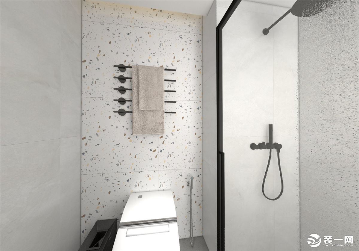 衛生間墻面采用隔離質感的大理石背景墻，豐富空間的層次感，黑色的移門邊框和黑色的洗浴用品，也透露著質感