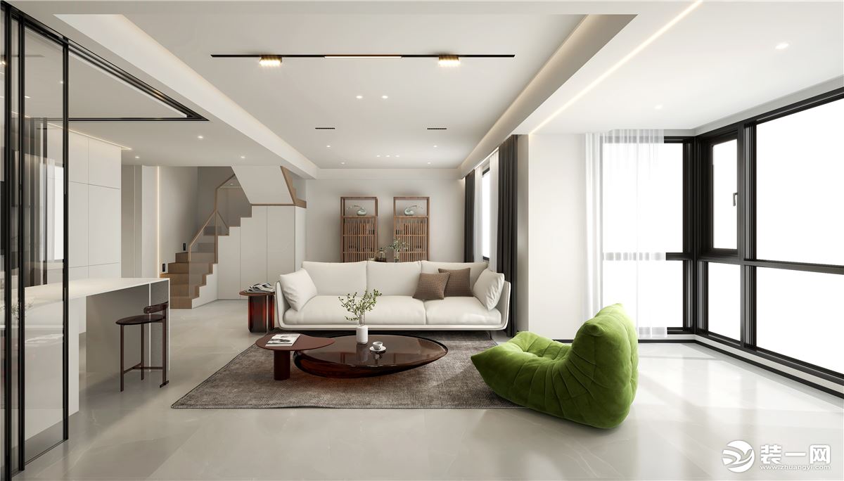 客厅以浅色瓷砖做地面设计，增加室内的简洁感，双眼皮吊顶结合无主灯设计，更显空间宽敞。选用白色为家具的