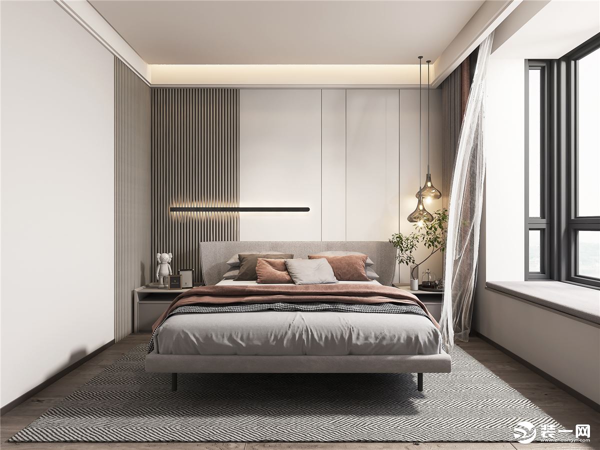 次卧以素雅做主要设计，木质地面更显空间舒适，主墙面做护板墙设计，增加空间质感，以白色环墙与木制栅格板