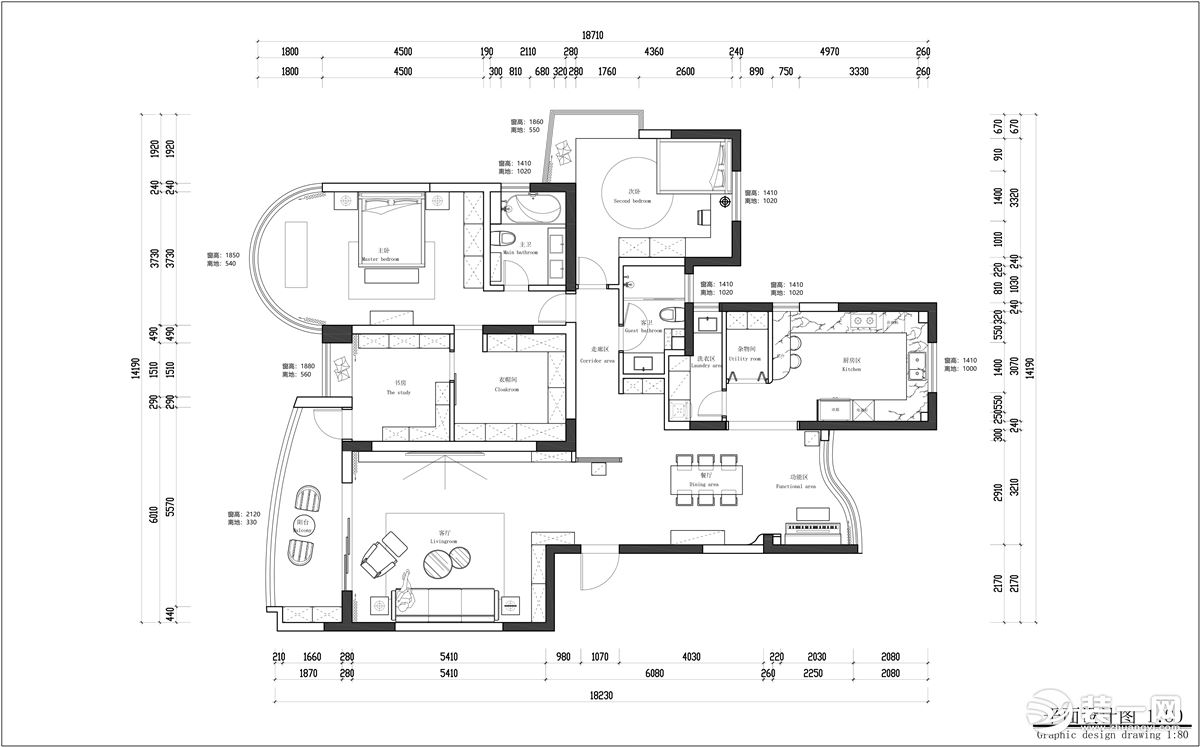 户型图是比较方正的，内部空间也比较宽敞，客厅与阳台纳入，留出小门通向储物间，开放式厨房更显空间宽敞，