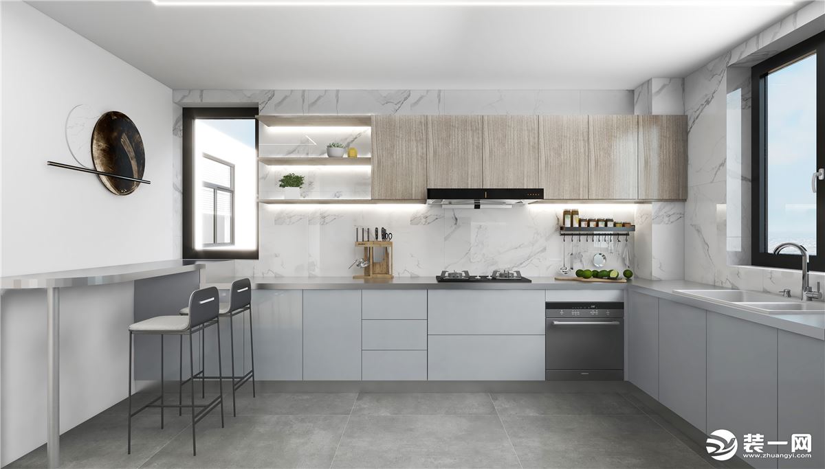 厨房做L型布局设计，地面以灰色瓷砖做铺设，增加室内的时尚感与通透感，灰色大理石做台面搭配浅灰色橱柜，