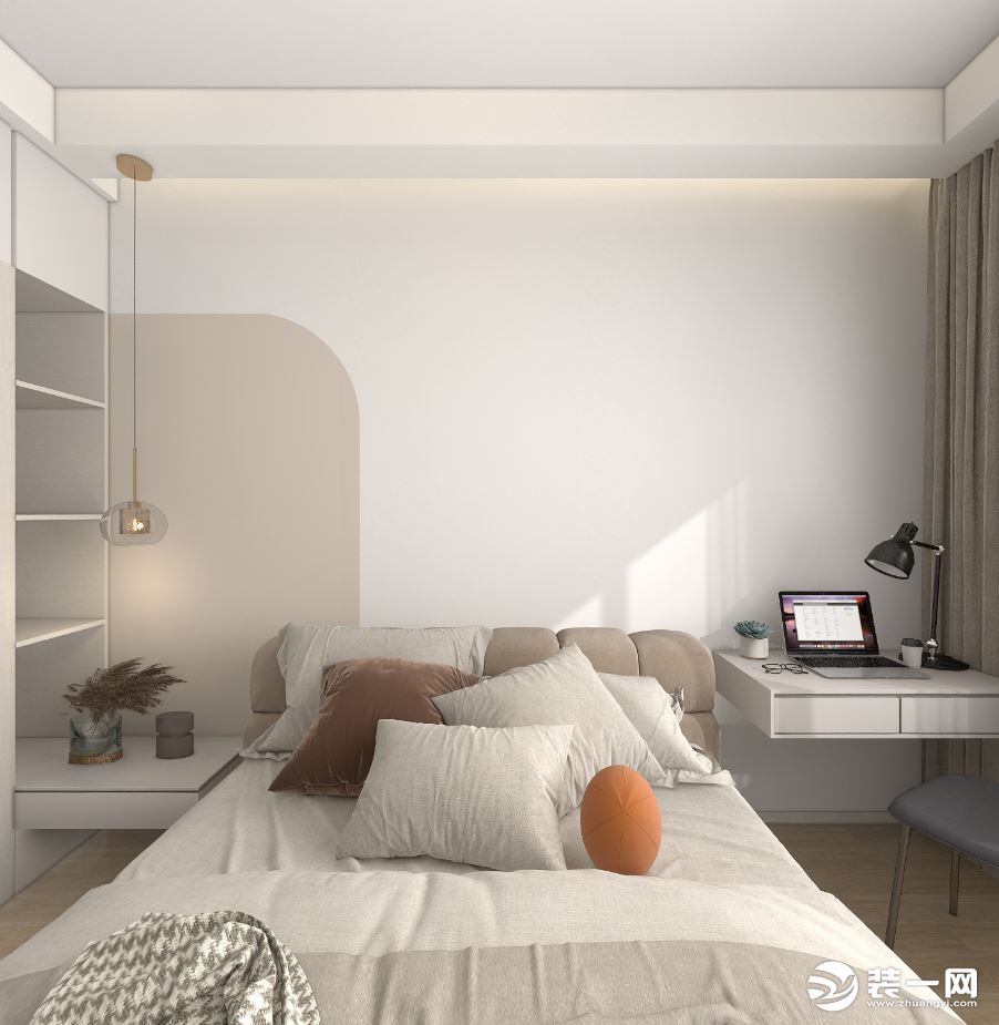 主卧以浅色为主，让空间更具有生活氛围感，主墙面以白色与浅咖色做相拼设计，床头一侧做台灯柜，延伸至衣柜