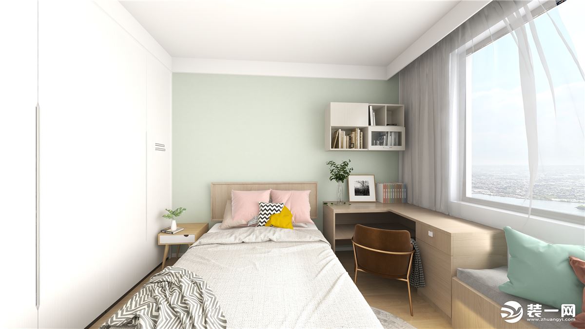 次卧做儿童房，以淡绿色做主墙面，增加室内的清爽感与活力感，白色做主色添加原木家具，让空间更具有生活感