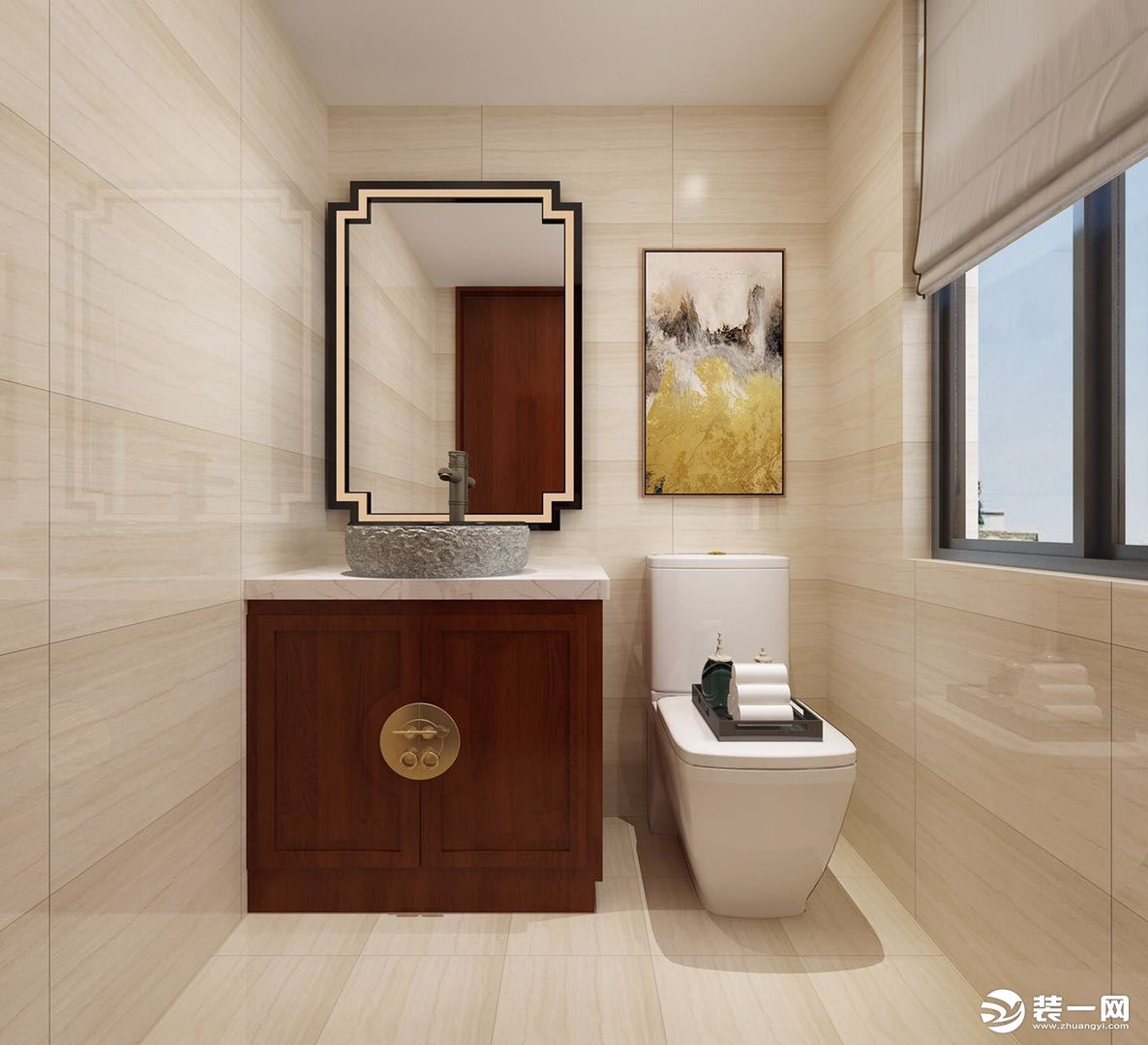 卫生间则是与原木色瓷砖做房间的整体设计，温馨感十足的同时又防水性满分，靠近墙角处做洗漱台，白色大理石