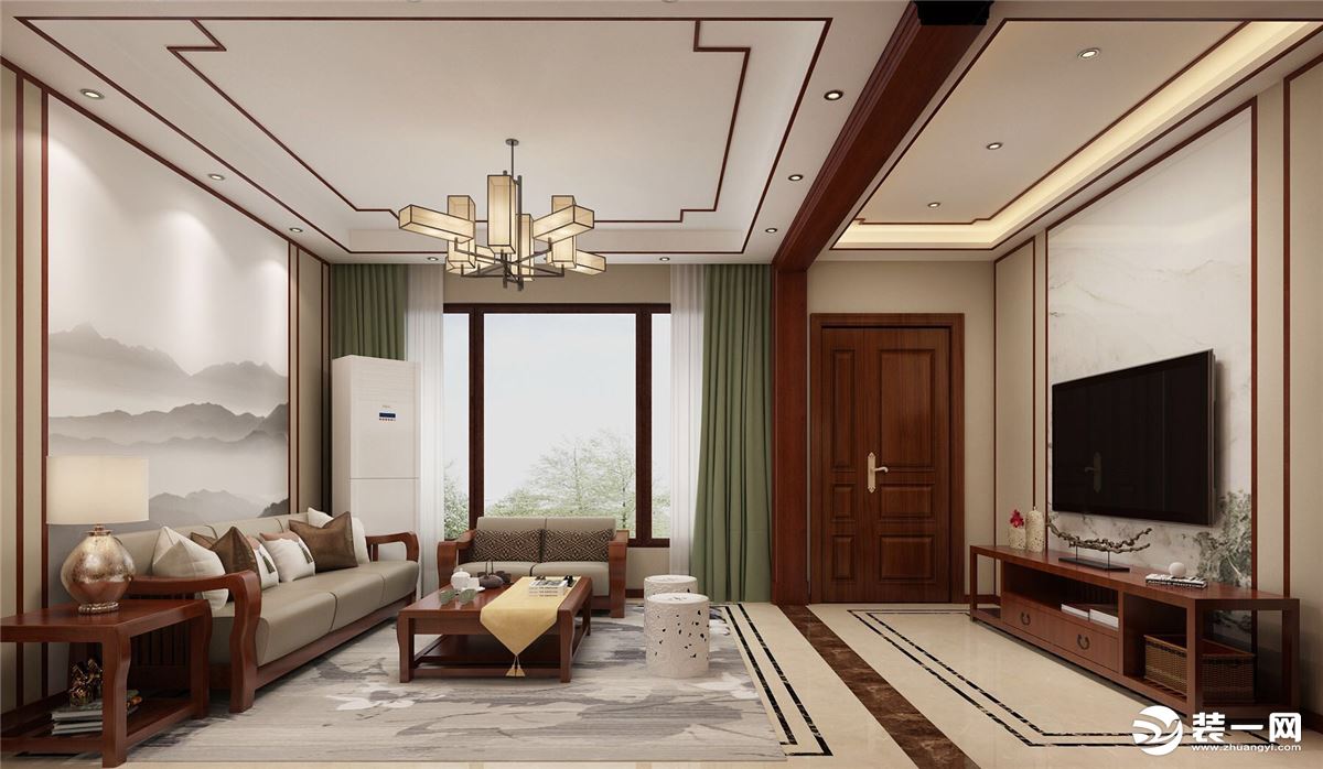  客厅以米色瓷砖做地面设计，增加室内温馨感与自然感，屋顶做当下比较流行的双眼皮吊顶，内侧增加棕色线条