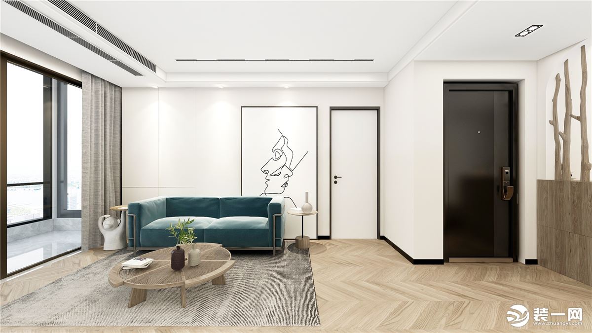 客厅以原木木板做相拼设计，让空间尽显原木的自然与舒适，墙面以白色为主要设计基调，点缀房屋门体的黑色线