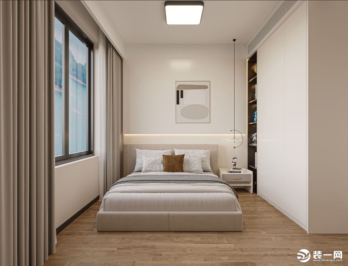 木制地面凸显空间的温馨与舒适，浅灰色床体搭配灰色软装，简洁感扑面而来，墙面做白色与衣柜做相同设计，让