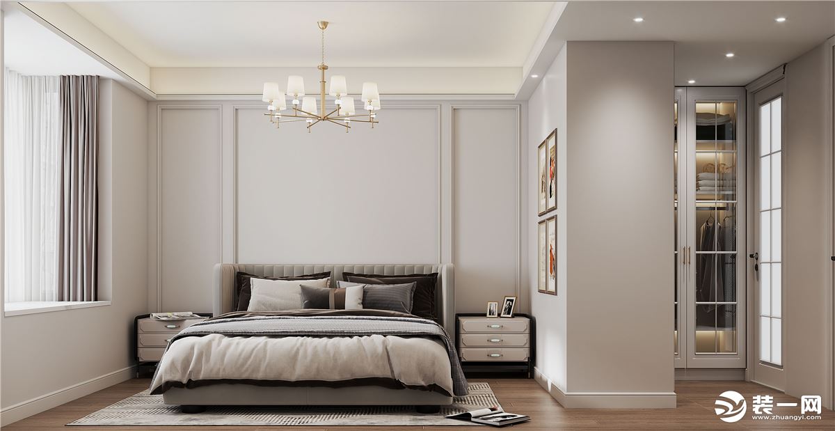 主卧整体以简洁做主要设计，全白更凸显空间洁净，搭配灰色床体增加舒适感，墙面增加石膏线条，一侧做半高飘