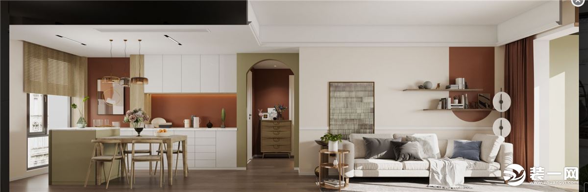 客厅以白色主要设计基调，增加抹茶绿让空间呈现出简洁又柔和的清新空间，同时还嵌入砖红色元素，让空间整体