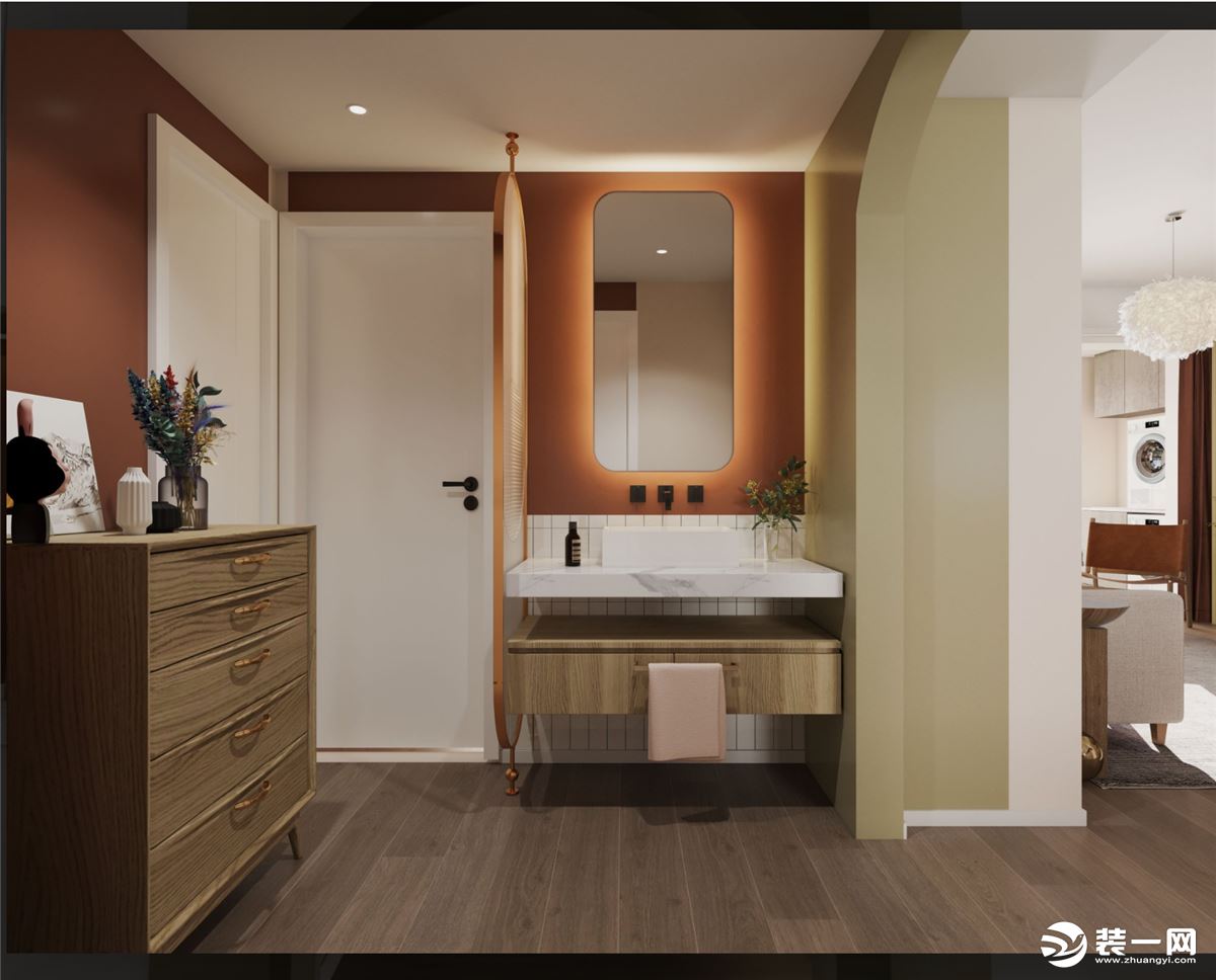 卫生间做干湿分离设计，使用方便的同时还更加的实用。棕色木质板做地面，增加室内质感与格调感，墙面利用绿