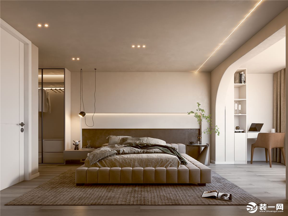 主卧以木制木板做地面，增加室内的质感与舒适感，房屋以白色为主要设计基调，增加灰色凸显空间的舒适与高级