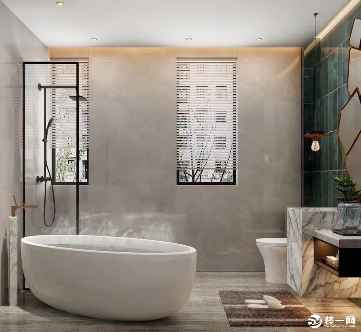 在中式美学里讲究“留白”，浴室的设计也不例外，设计师并没有把空间安排的满满当当，而是把新中式的实木柜