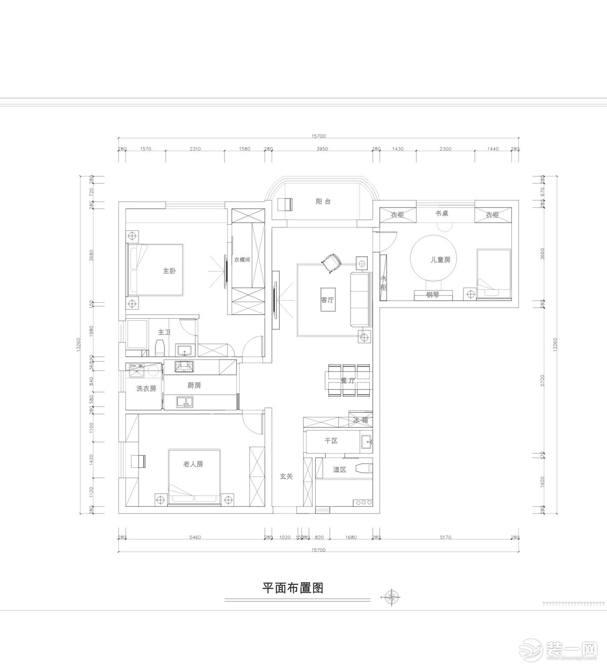 平面图中，设计师将厨房做推拉门，出来就是客餐厅一体化设计，除了主卧还有儿童房和老人房这两个卧室，满足