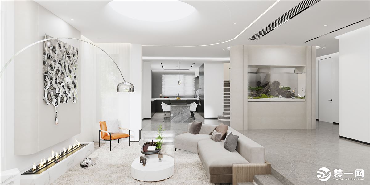 客厅空间以白色系为主，再以自然温馨的原木来点缀，简洁利落的线条丰富层次感，营造出整个家的暖调艺术气息