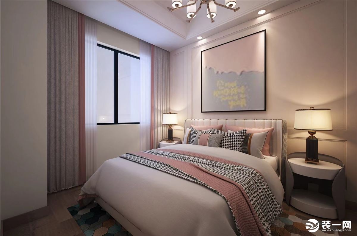 暖粉色系的房间总是温暖又舒适，灰色的窗帘与低饱和的浅粉色搭配，简约现代感满满，两盏暖色调的床头灯更为