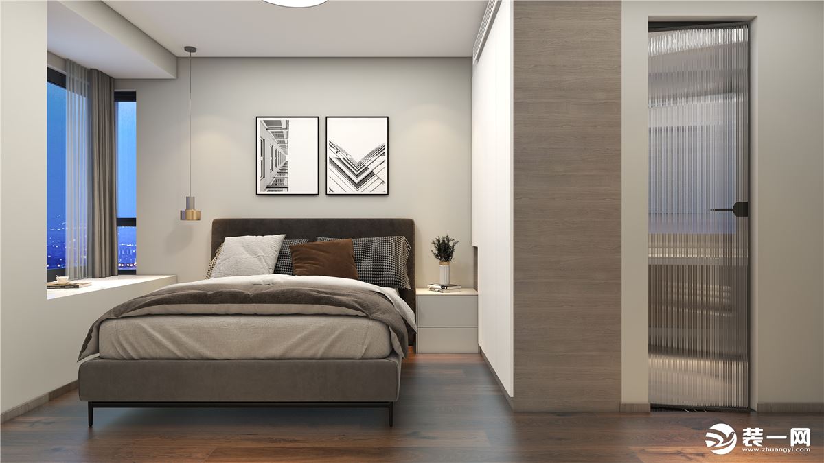 卧室整体主色调是灰棕色系，干净的大白墙搭配艺术感满满的装饰画，床头的金属吊灯更能增加高级感，旁边还有