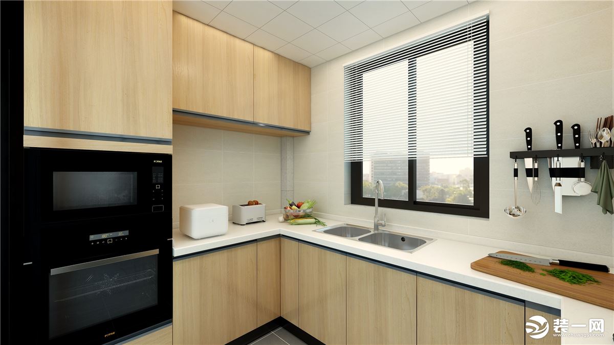 厨房做U型布局设计，白色大理石台面搭配木制橱柜，让空间充满简洁与温馨感。台面一侧还增加大型厨电，满足