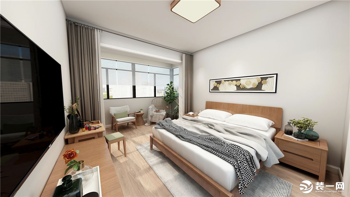 主卧以白色为主要设计基调，搭配木制增加室内的温润感与柔和感，让卧室更加的舒适与温馨。纯色墙面做木制床