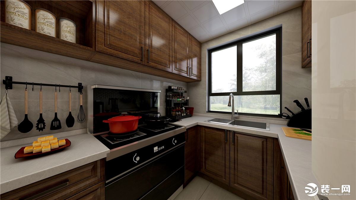 厨房做U型布局设计，充分利用空间的同时还满足了业主的使用需求。白色大理石台面搭配木制橱柜，简洁又格调
