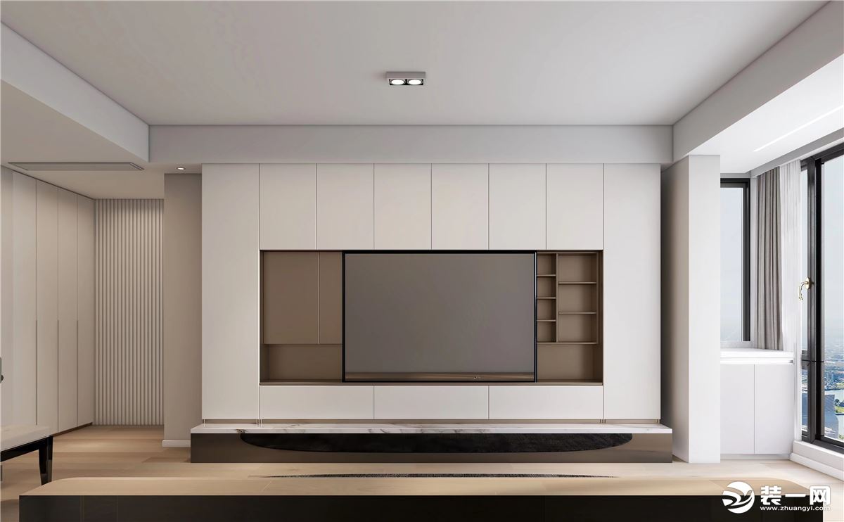 电视机背景墙做隐藏式收纳柜设计，以白色外观做设计更加简洁与明亮。电视机内嵌与收纳柜中，美观的同时还增