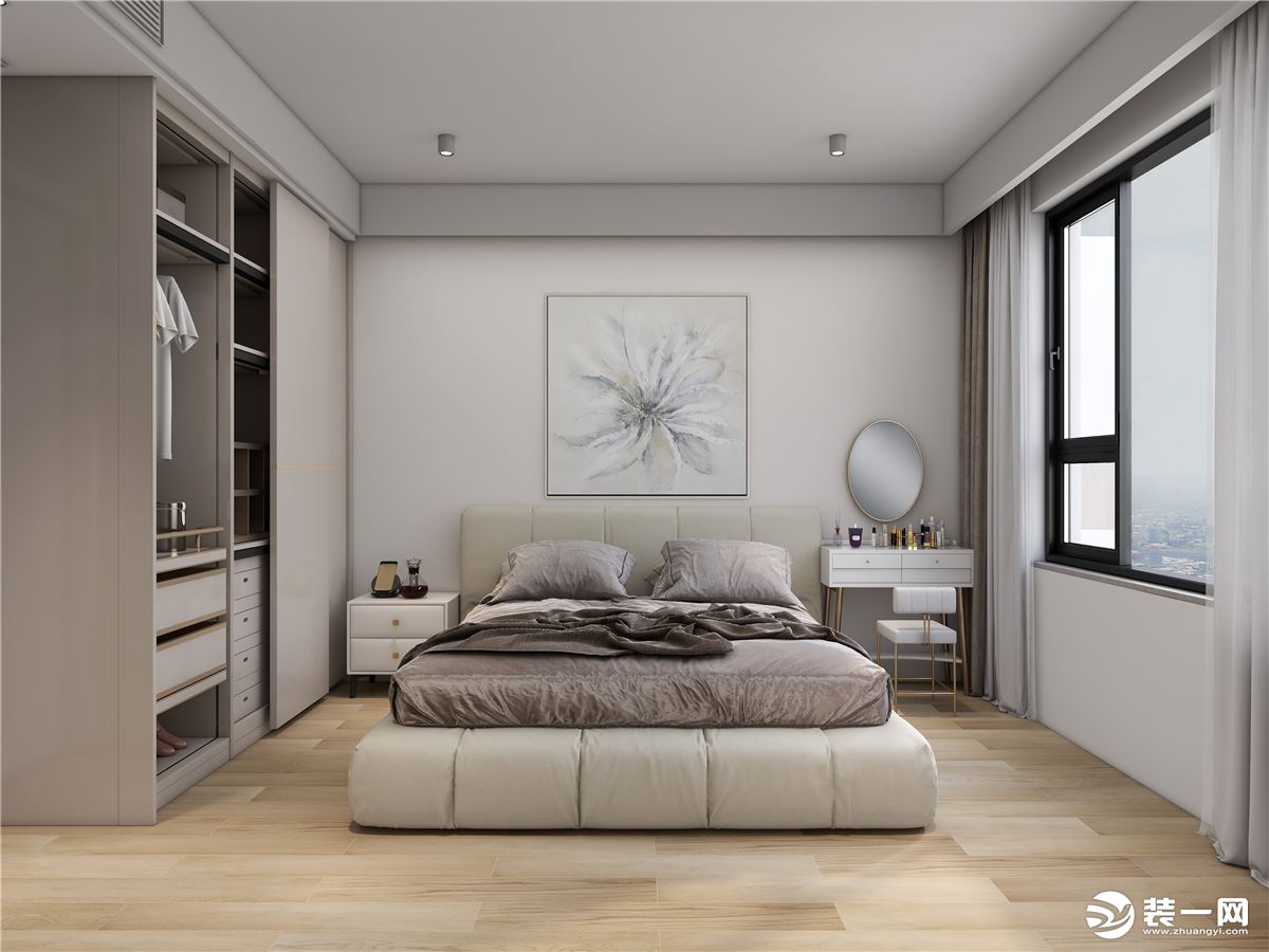主卧以素色做主要设计，木制地面搭配浅灰色格调整体更突显空间温馨与自然。纯色墙面搭配偏亚麻棕色调床体，