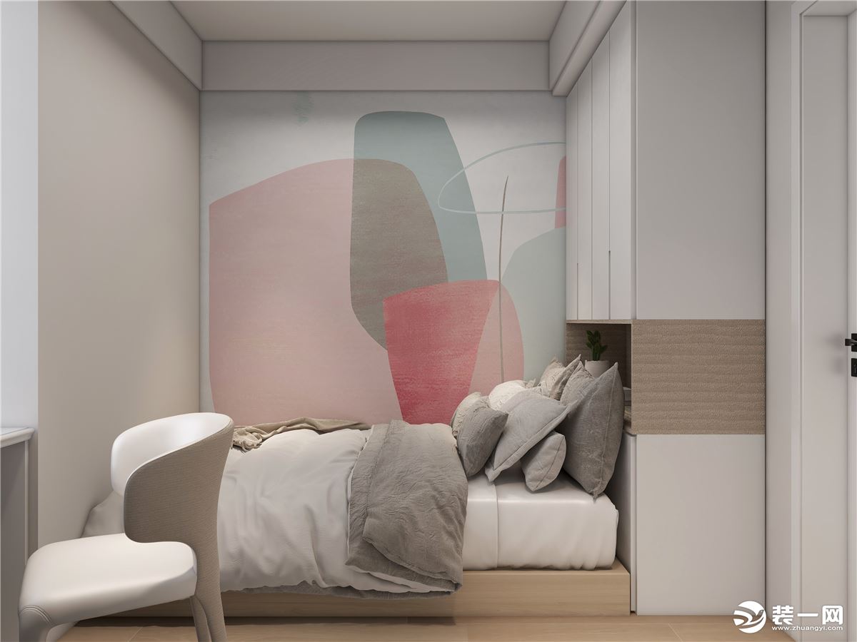 女儿房相对来说以浅灰色调为主，增加大片亮色做点缀，让空间整体更具有设计感与趣感。靠近内侧墙面做床体，