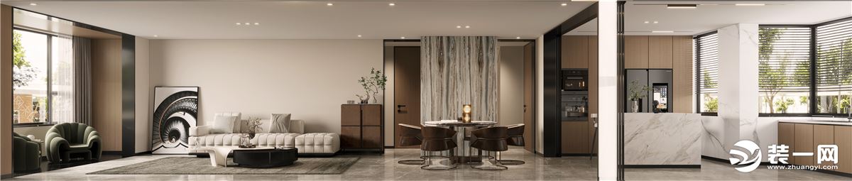 客厅以灰色光滑瓷砖做地面，让空间更加的简约与时尚，墙面以纯色乳胶漆做搭配，结合室内整体氛围让空间更加