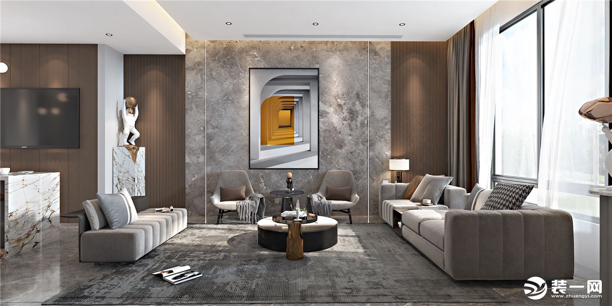 客厅以深色瓷砖做地面，增加室内的时尚感与简洁感