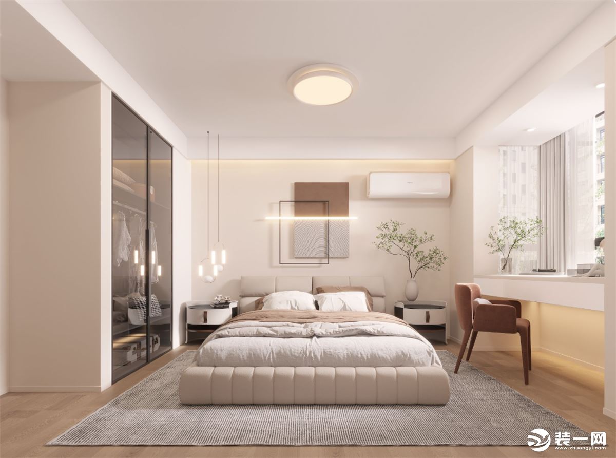 温暖舒适慵懒治愈的卧室兼具美观和实用才完美。原木色的地板搭配奶油色，简单的墙面用装饰画完成，氛围感满