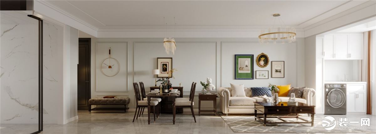 米色沙发搭配木质茶几和亮色的休闲抱枕，木栅格点缀于背景墙，不同的架构和色彩增加空间层次变化；阳台纳入