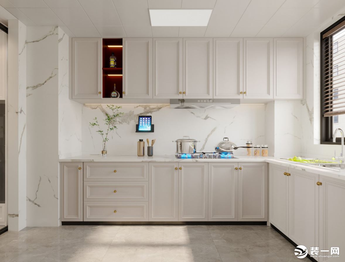 瓷砖地板通铺，保持开放式厨房和家居环境的统一性。用的实木烤漆哑光白色，搭配白色柔光砖、简约大气，空间