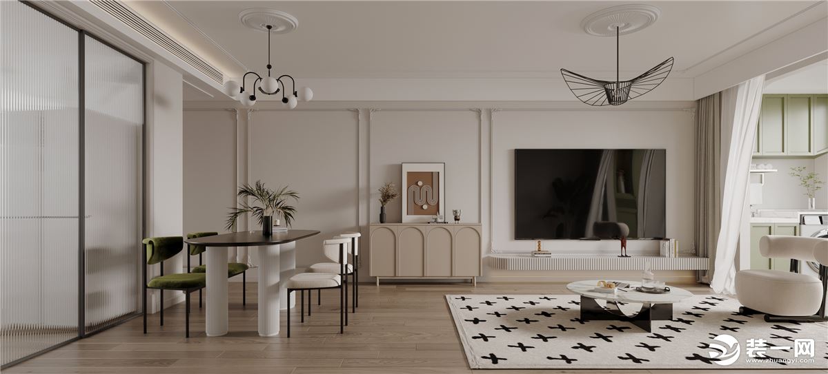 客廳主要以溫柔的米白色為主色調，空間上摒棄刻板剛硬的直線，用柔和的弧線替代，營造出舒適愜意的調性。