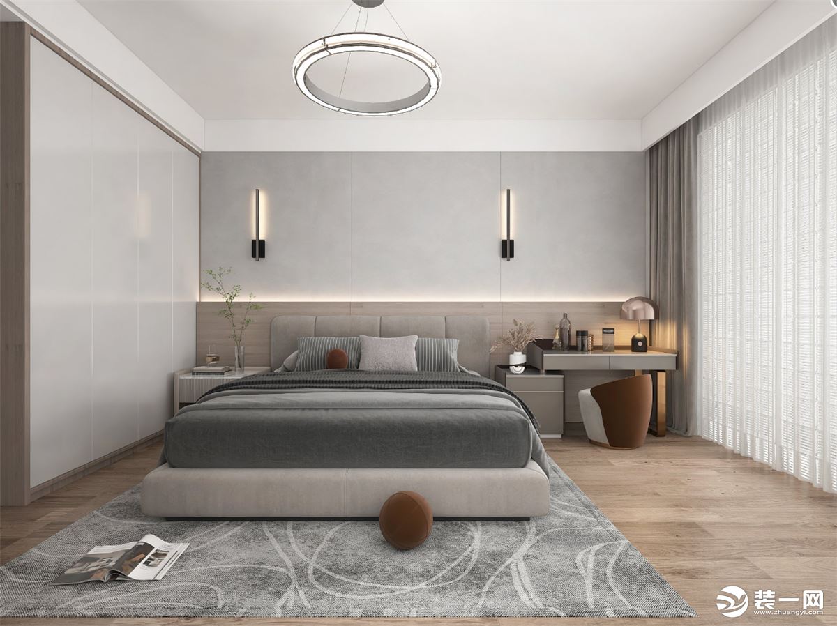 卧室整体色调采用淡灰色，床头柜、书桌、窗帘等一系列都配合得天衣无缝，使整个空间和谐美观统一。融入地板