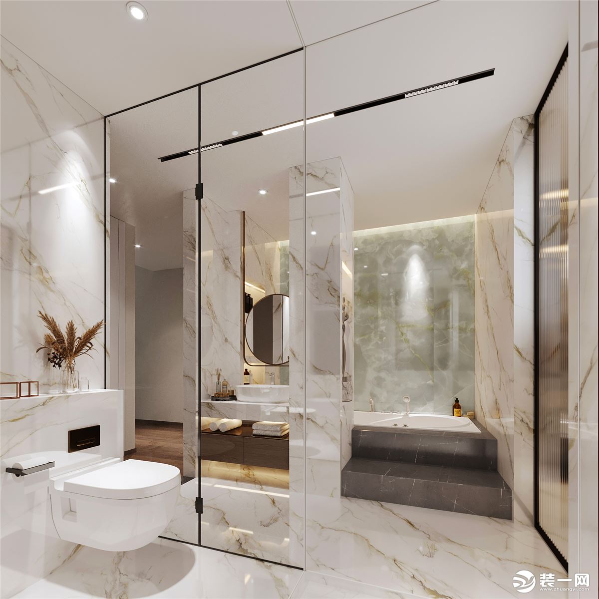 衛生間以白色大理石為主基調，整個空間有一種五星級商務酒店的感覺。