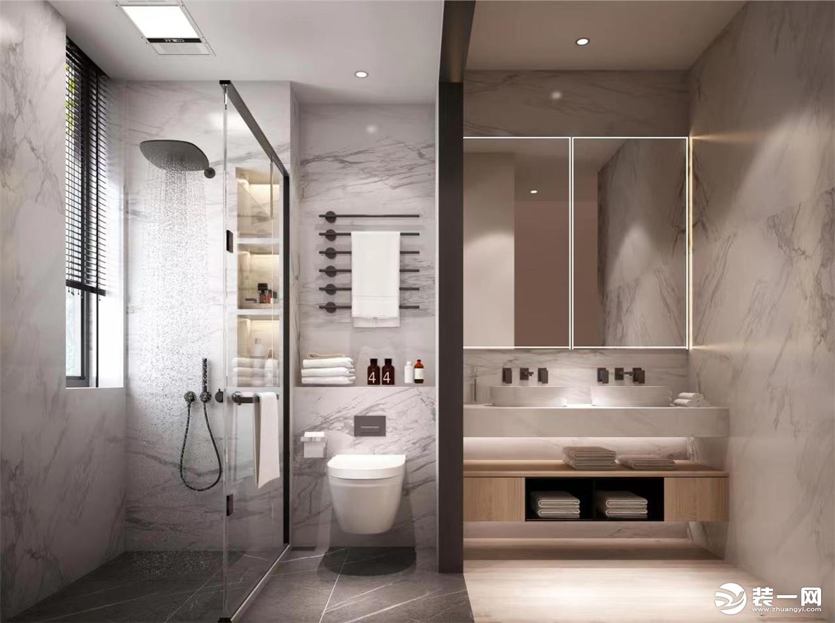 二层卫生间增加了干湿分离加双台盆，淋浴和马桶都有了各自的独立空间，让使用者互不干涉。
