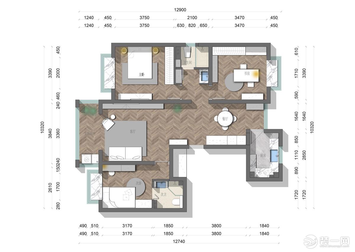 本案例是两室一厅两卫的户型，设计师将客厅和餐厅打通，实现客餐厅一体化，正式视觉上也会显得更加通透。