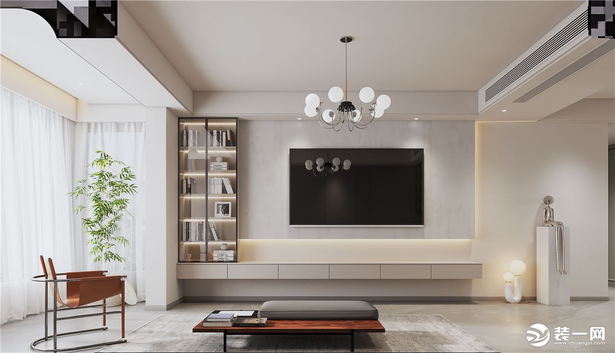 客厅整体采用灰白与极简黑搭配，整体白色的墙面让空间显得更加简约纯粹，哑光灰色的地砖打底让空间的层次关