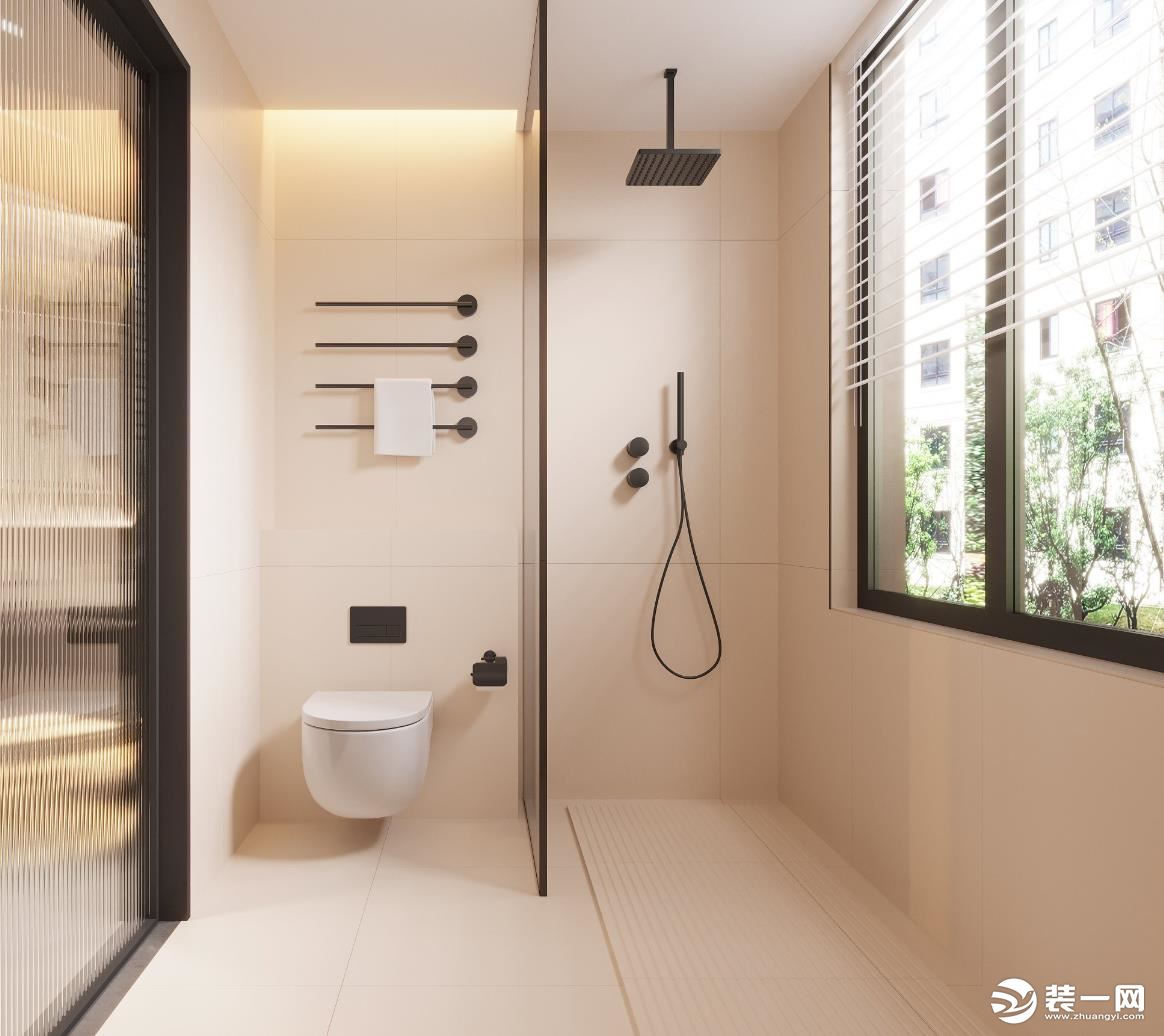 浴室采用干湿分离设计，用玻璃隔断，整体是暖色调的墙砖，高级感十足。
