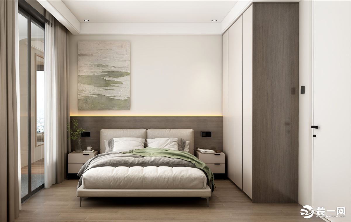 长辈房或者客卧一般都会选择比较简洁或者比较传统的家具或者布局，床和同色系的床头柜、衣柜，显得空间更加