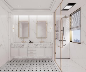 白色系的卫生间给人干净明亮的感觉，干湿区利用玻璃门相隔，透明玻璃门搭配金色的边框，显得十分精致。干区