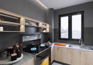 厨房的墙面选择大胆的深灰色设计，墙面由档条代替传统的储物柜，看上去十分的大方通透。