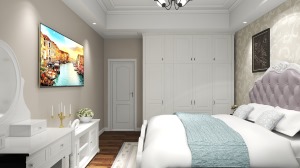 主卧以白色加木白色为主，柜体统一选择的白色，墙面则是米白色的乳胶漆，床头背景的壁纸与客厅一致。欧式双